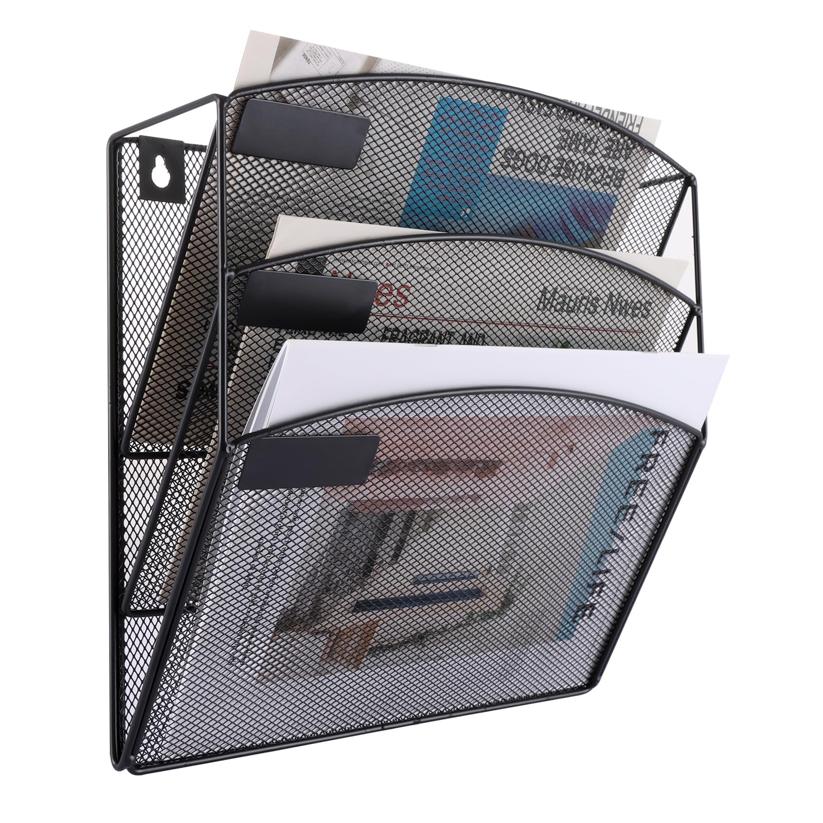 ASelected Wall File Holder Organiser 3 Tier Pockets Mesh Vertical Pockets Magazine Rack Office Document Organiser Mesh A4 Paper Storage Black