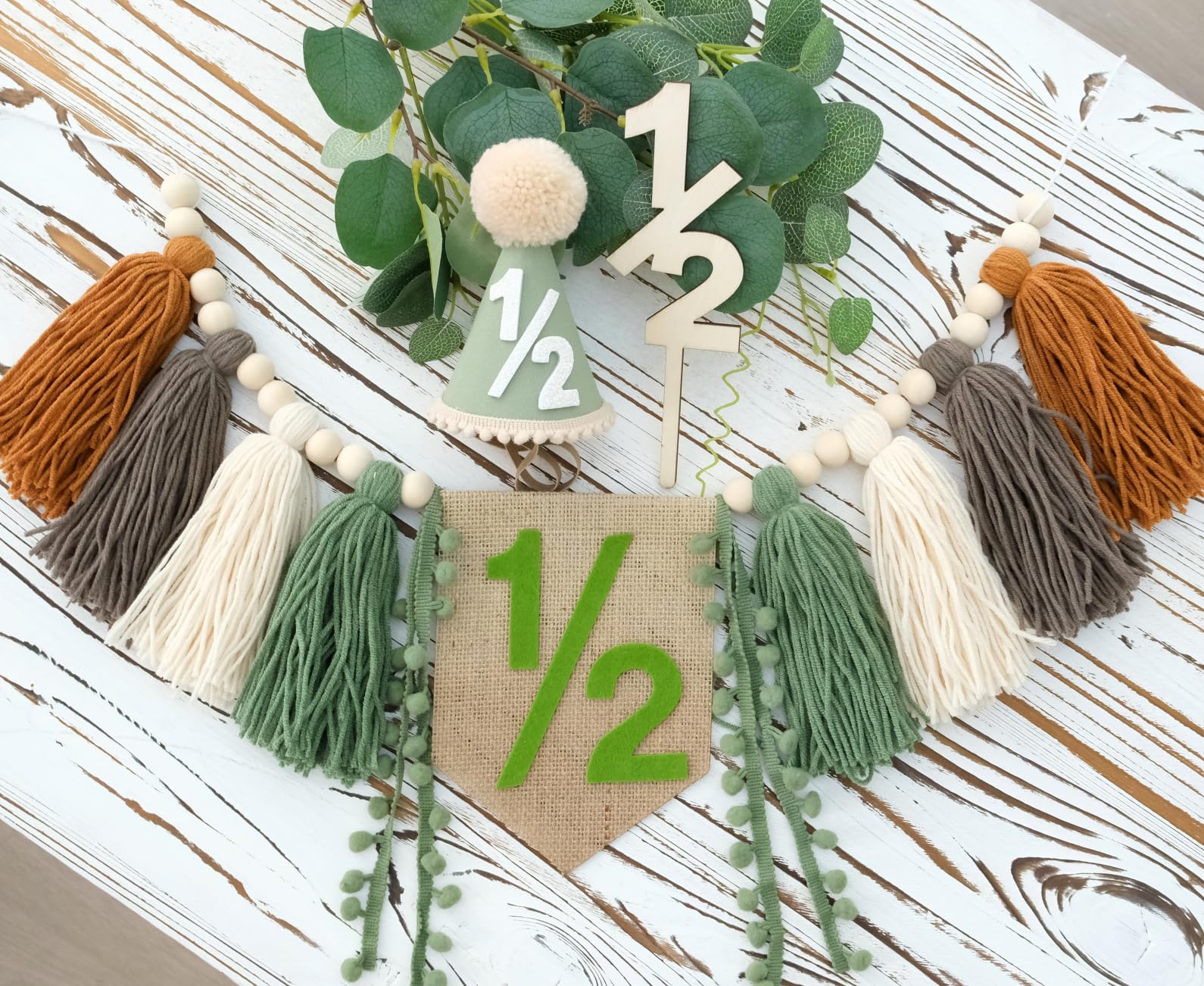 Ereniko Half Birthday Decorations Baby Boy,Sage Green 6 Months High Chair Banner With 1/2 Cone Hat And Cake Topper,Jungle Theme Half Way To One Decorations Boy,Party Photoshoot Props