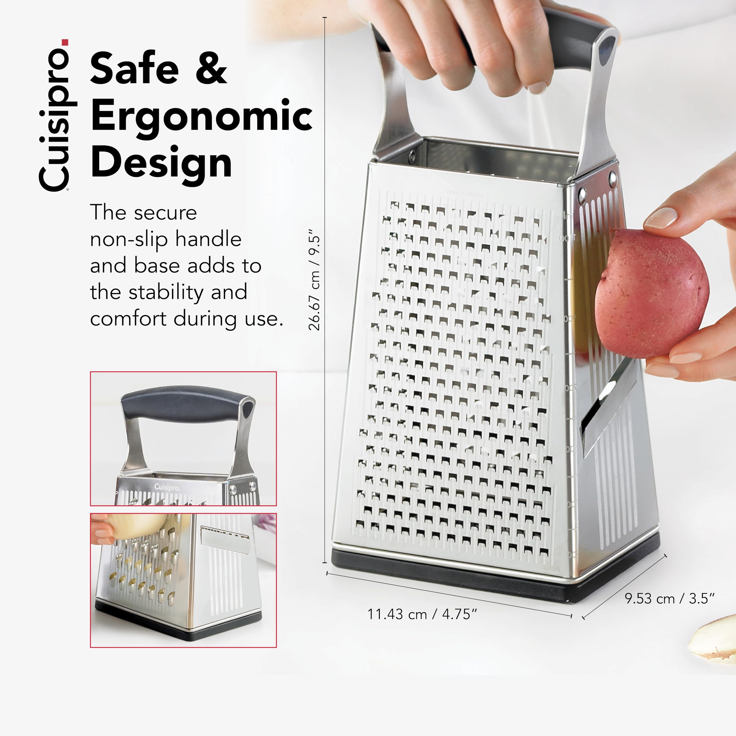 Cuisipro Stainless Steel Cheese Grater with Handle, 4 Sided Box Grater for Kitchen, Ginger Grater Dishwasher Safe, Fruit and Vegetables Slicer, Cheese Shredder for Potato, Chocolate, Parmesan, Ginger