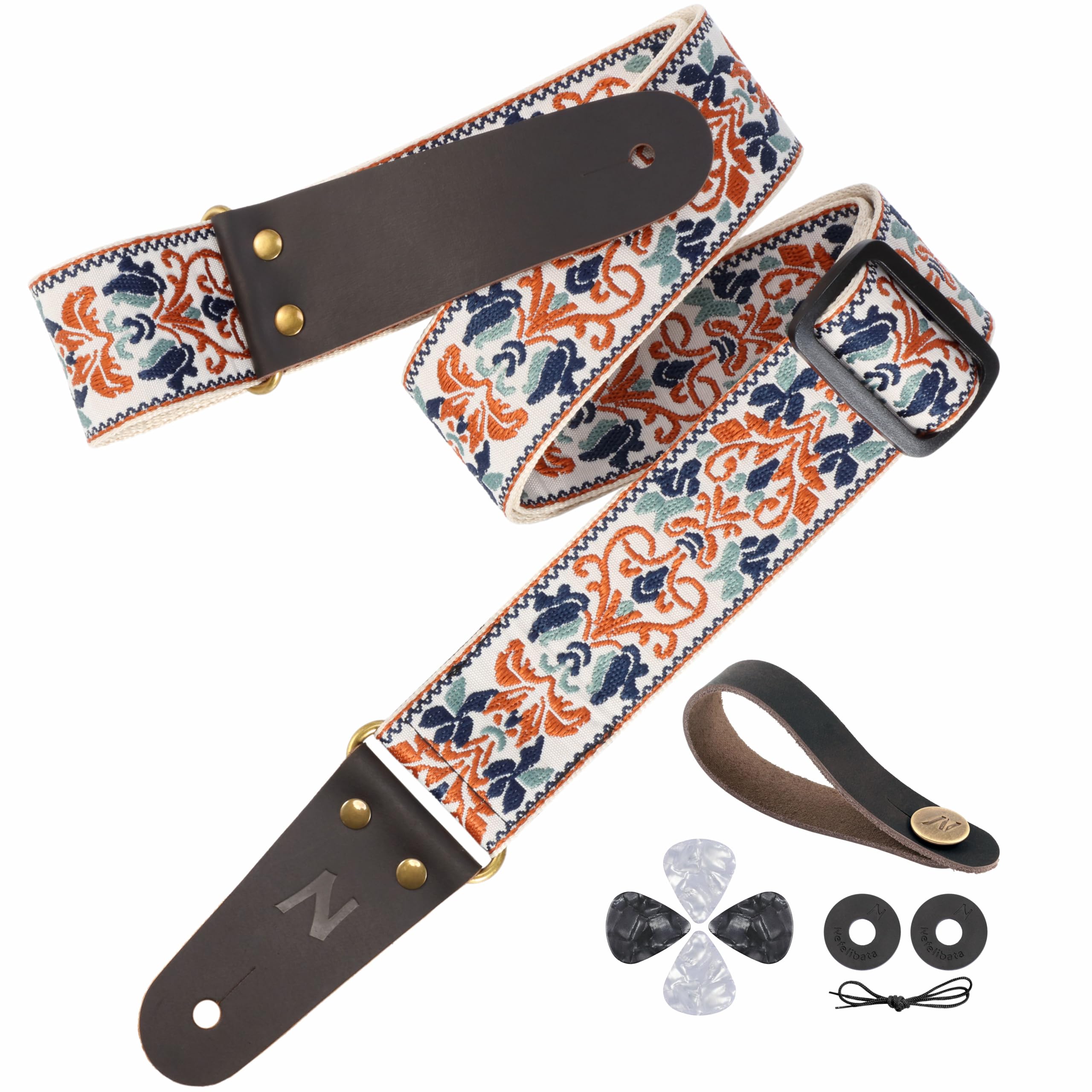 Nefelibata Guitar Strap, 2" Jacquard Embroidery Guitar Straps, Full Grain Leather Ends with Invisible Pocket, for Bass, Electric and Acoustic Guitars, Free Buckle, Strap Lock and Guitar Picks
