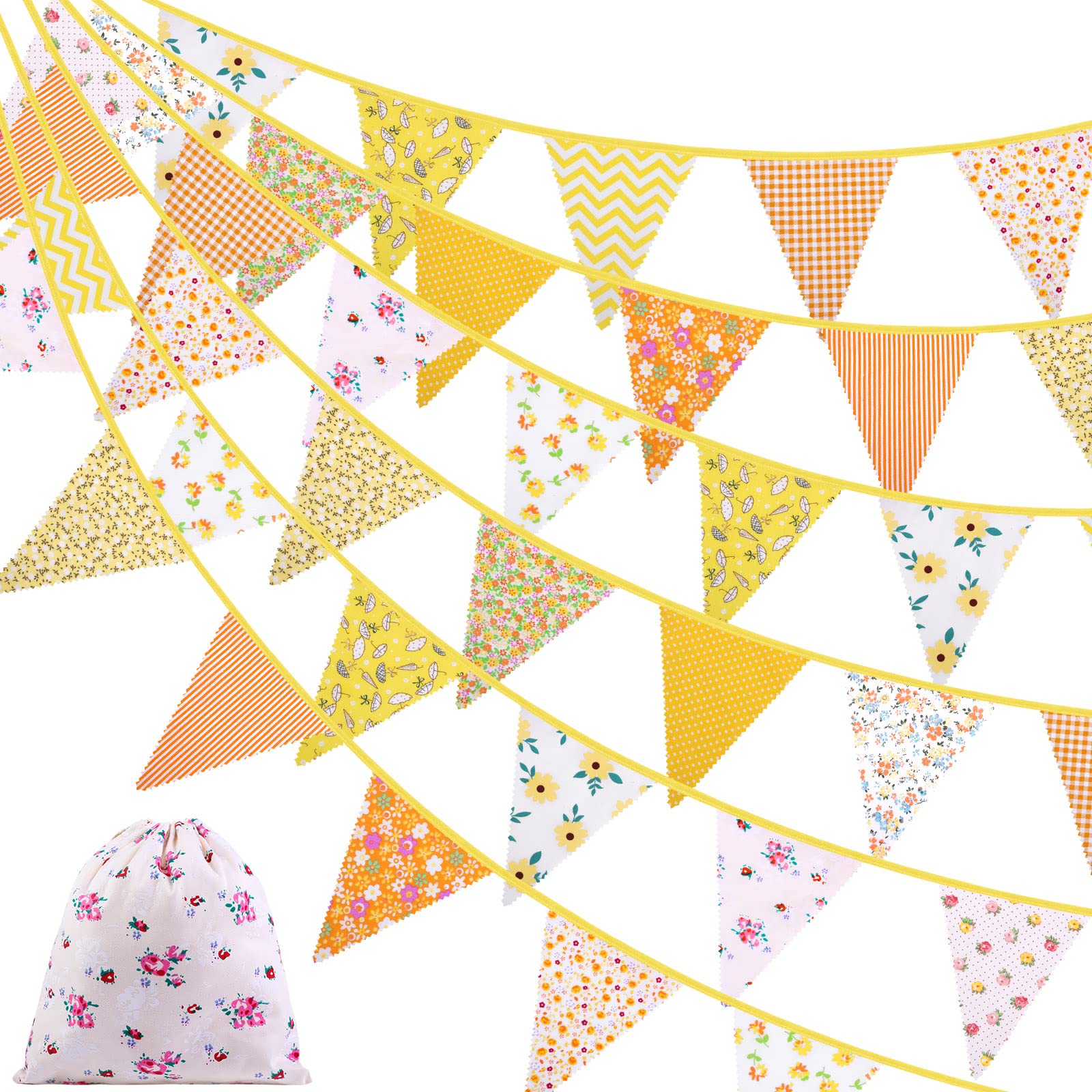 ADXCO 41 Feet Fabric Bunting Banner Vintage Bunting Flag 42 Pieces Floral Pennants Triangle Flags Vintage Cloth Garland for Birthday Wedding Party Home Garden Baby Shower Decor, Yellow