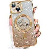 Fiyart Designed for iPhone 14 Plus Case,Compatible with MagSafe Love Heart Plating Camera Protection TPU Magnetic Glitter for Women Girls Shockproof Phone Bumper 6.7"-Gold