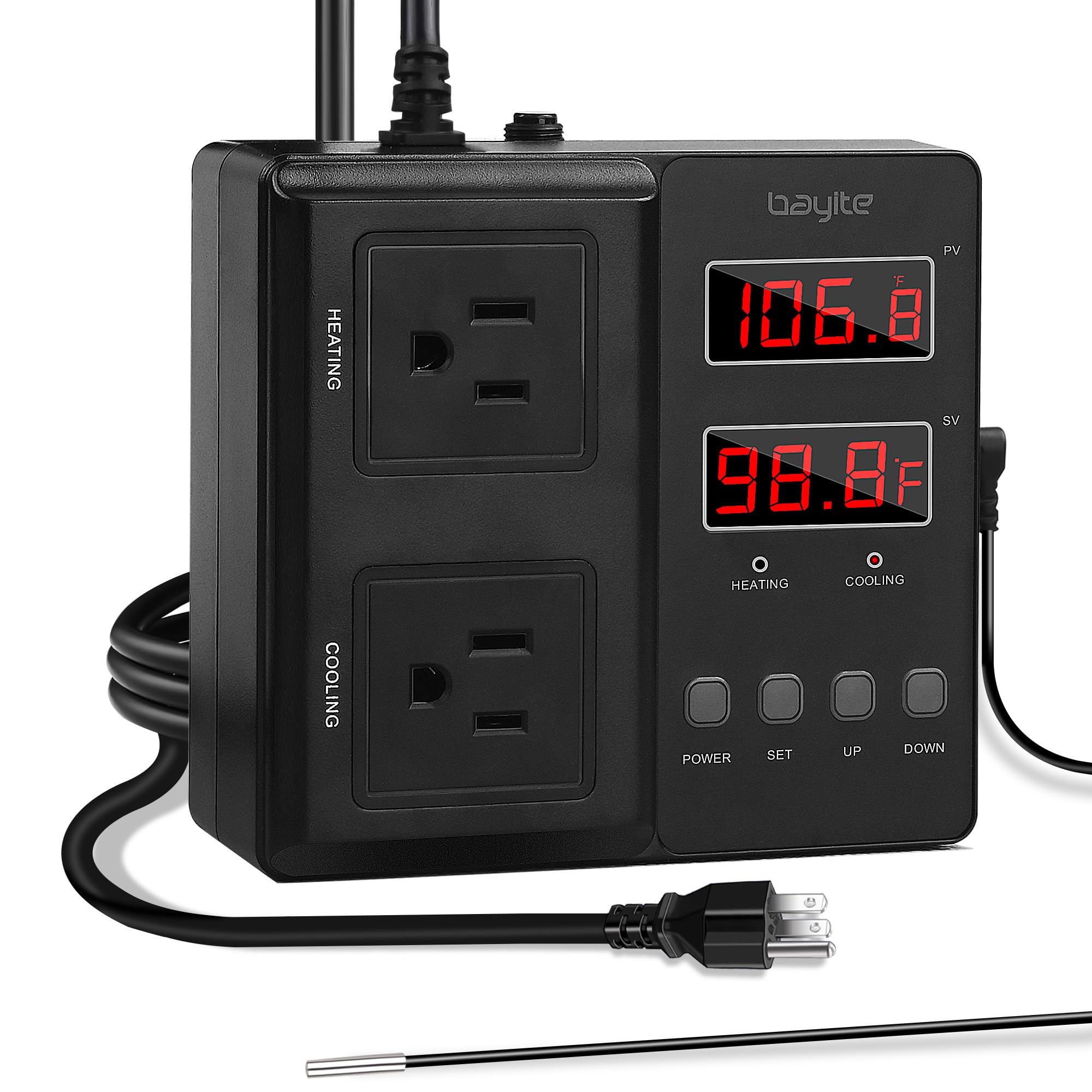 Photo 1 of bayite Temperature Controller 1650W 15A BTC211 Dual Digital Outlet Thermostat Plug, Pre-Wired, 2 Stage Heating and Cooling Mode, 110V - 240V, Fermentation BBQ Reptile Aquarium