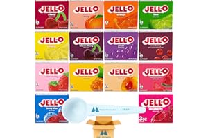 Jell-O Gelatin Variety Pack - 3 oz Boxes (Pack of 14) - Black Cherry, Cherry, Lemon, Lime, Orange, Peach, Raspberry, Strawberry, Strawberry-Banana, Island Pineapple, Cranberry, Watermelon, Apricot, Berry Blue, Grape - With Mighty Merchandise Measuring Spoon