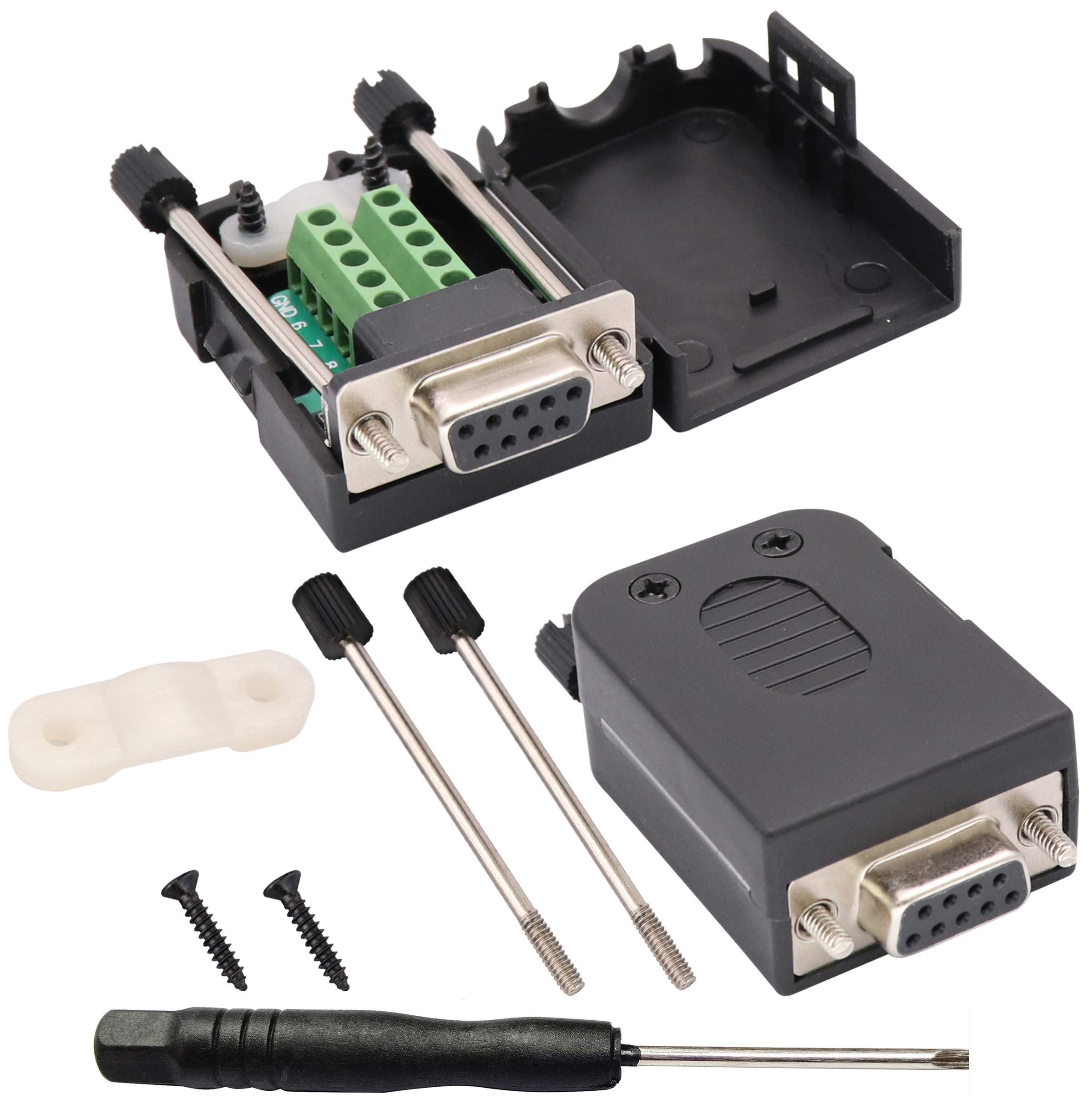 AAOTOKK DB9 Screw Terminal Block Adapter D-SUB 9-pin RS232 Female to 9 +1 Pin/Way Female Serial Terminal Breakout Board Connector Signal Module with case (2Pcak/F)
