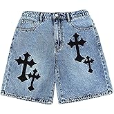 WDIRARA Boy's Goth Cross Graphic Denim Shorts Straight Leg Jean Shorts Streetwear