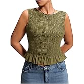 OYOANGLE Women's Plus Size Smocked Tank Top Sleeveless Crew Neck Fitted Ruffle Tops