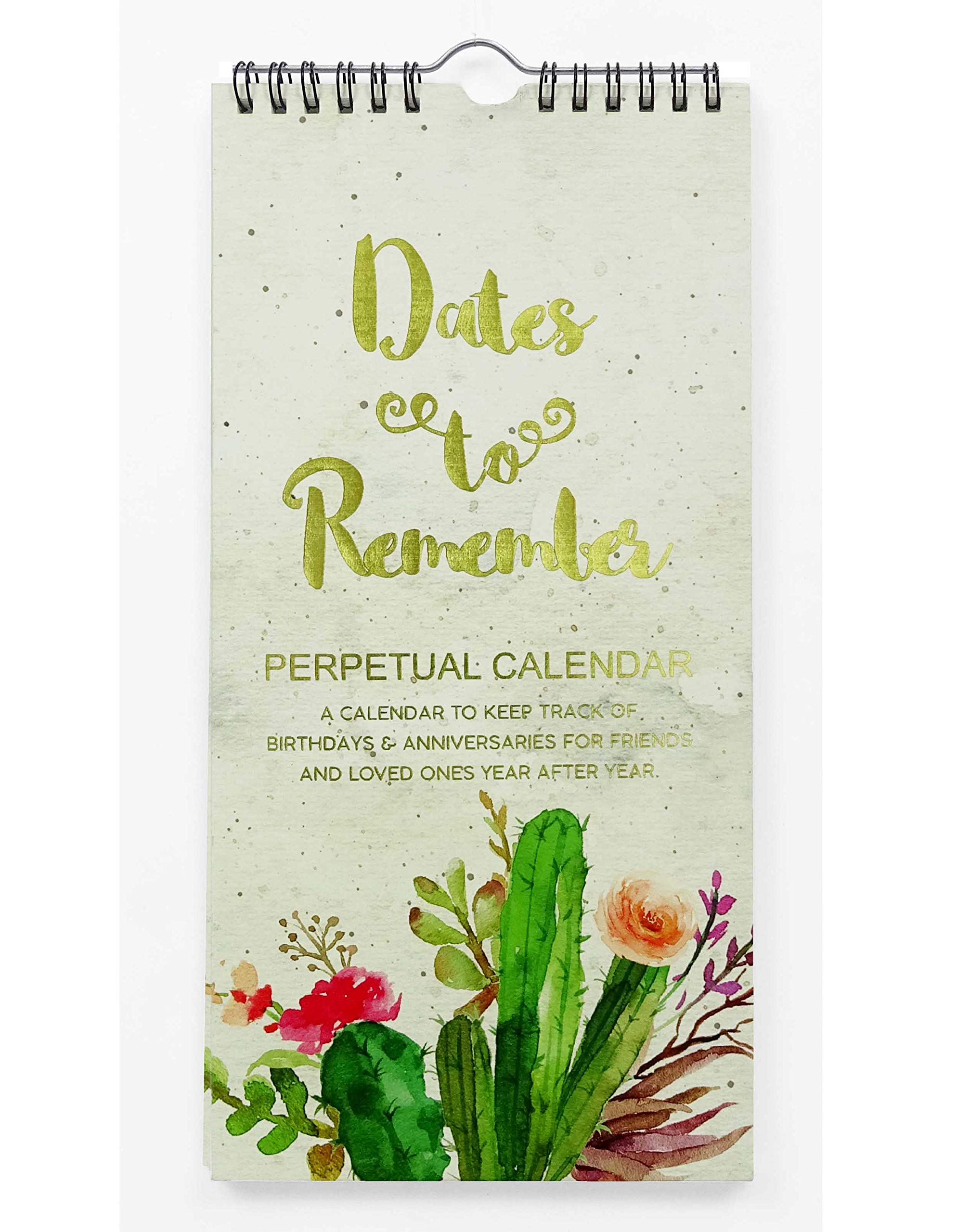 Inkdotpot Cactus Perpetual Calendar Birthday Wall Hanging Anniversary Special Event Reminder Gold Foil Print Calendar Book Journal Stationary Wall Hanging Birthday Gift Card Planner Organizer