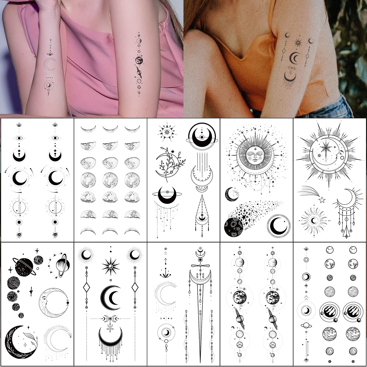 Esland Realistic Moon Sun Stars Space Planets Chain Temporary Tattoos Vertical Spine Tattoo Stickers for Women (Moon Stars)