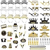 Tangrove New Years Eve Party Supplies 2026 – 63 PCS Celebration Kit with Headbands, Crown Hats, Glasses, Noise Makers, Photo Booth Props & Wristbands – Gold Silver Happy New Year Decorations