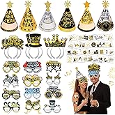 HOWAF New Year Eve Party Supplies 2026, 59pcs Black Gold Silver Happy New Year Headband Cone Hats New Years Eve Hats 2026 Glasses Tattoos NYE Party Favors 2026 Decorations New Years Eve Accessories
