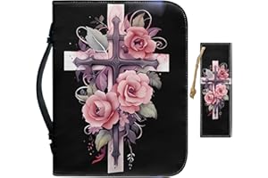 Bengbobar Faith Cross Bible Case for Men Women Flower Bible Cover with Handle Large Size Faux Leather Waterproof Bible Protective with Handle and Zippered Journal Case Bookmark 2 Pcs Set