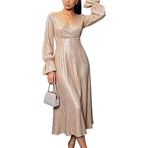 Cosygal Sequin Midi Wrap V Neck Flare Long Sleeve Midi Dress | Stretchy Smocked High Waist | Hidden Back Zipper | Figure-Flat