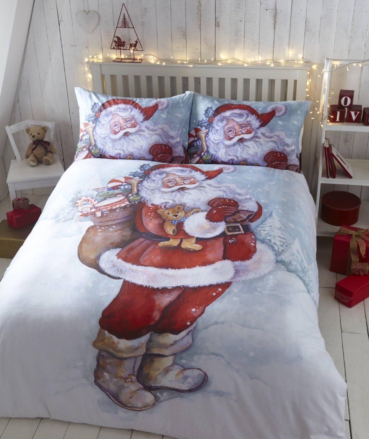 Father Christmas Flannelette King Size Quilt Duvet Cover and 2