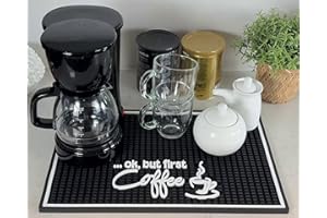 CALUVAR Ok But First Coffee Sign Rubber Bar Mat for Countertop, 18x12 Coffee Bar Mat, Coffee Bar Sign Counter Mat, Coffee Station Mat, Coffee Mat for Coffee Bar Decor, Coffee Bar Mats for Countertop