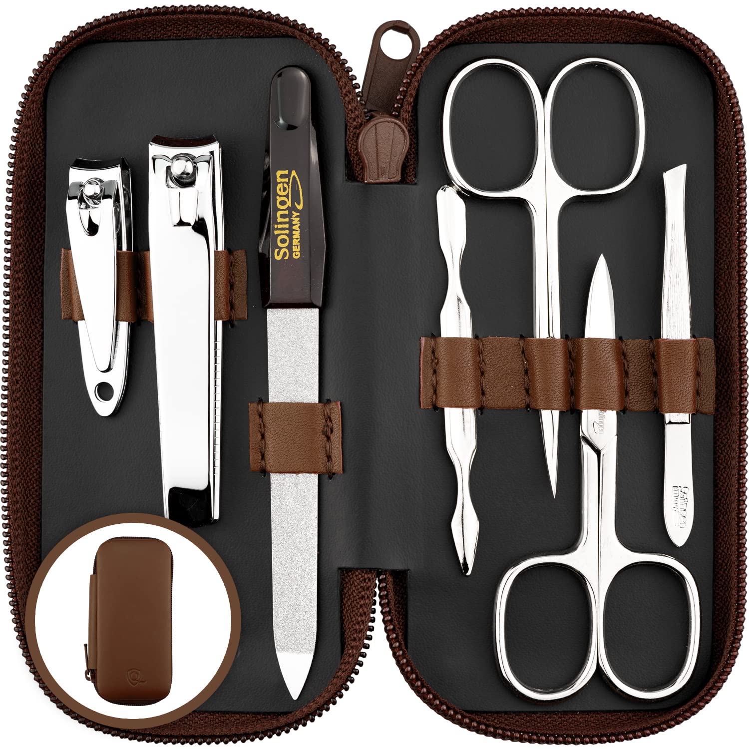Solingen Manicure Set for Women & Men - Comparison Winner with Top Price/Performance Ratio - Handy and Soft Case - 7-Piece Grooming Kit, Brown