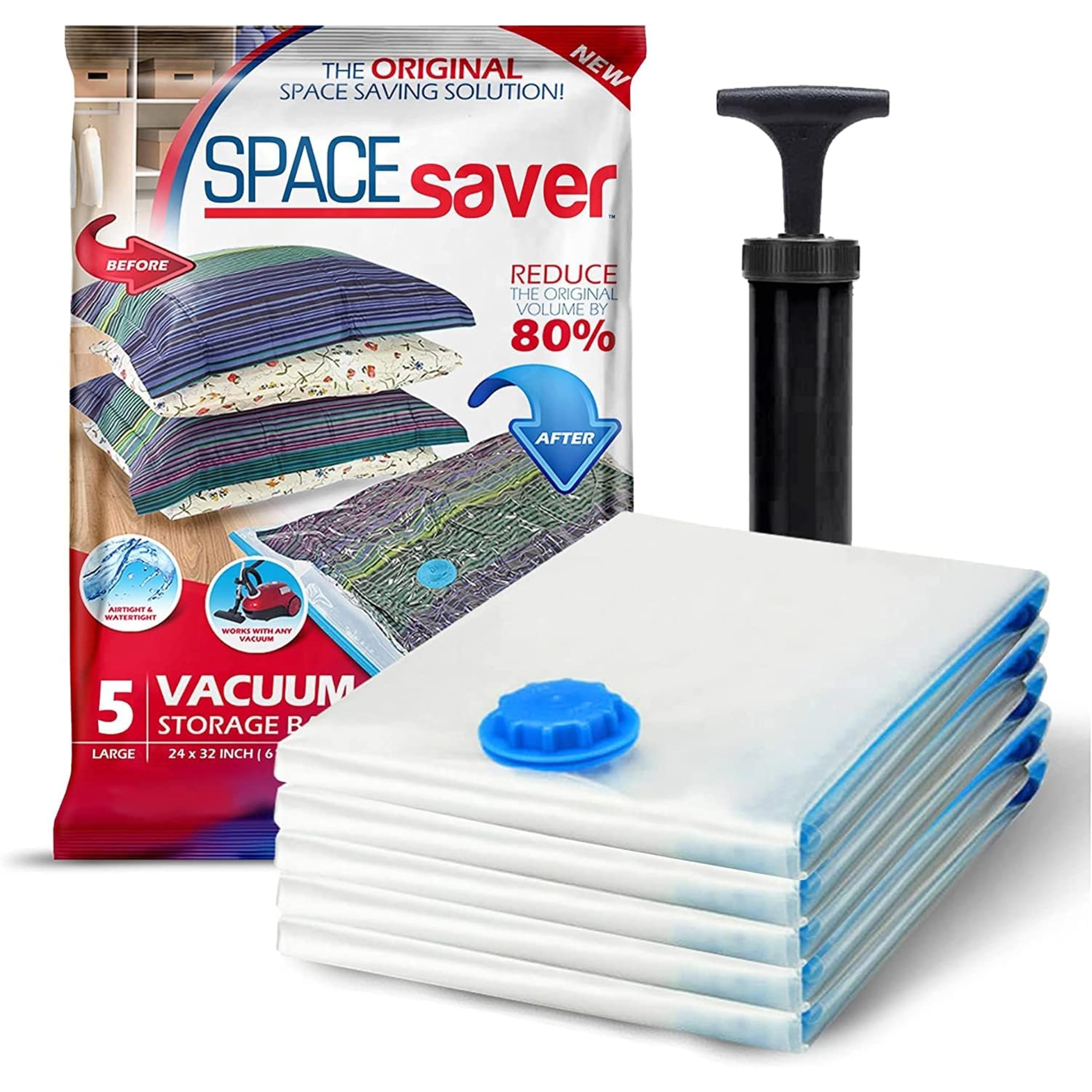 SpaceSaver Vacuum Storage Bags - Clothes Storage Bag Vacuum Pack - Space Saver Vacuum Storage Bags for Clothes Storage, Vacuum Bags for Bedding - Vacuum Bags for Clothes - with Pump (LARGE 5-Pack)