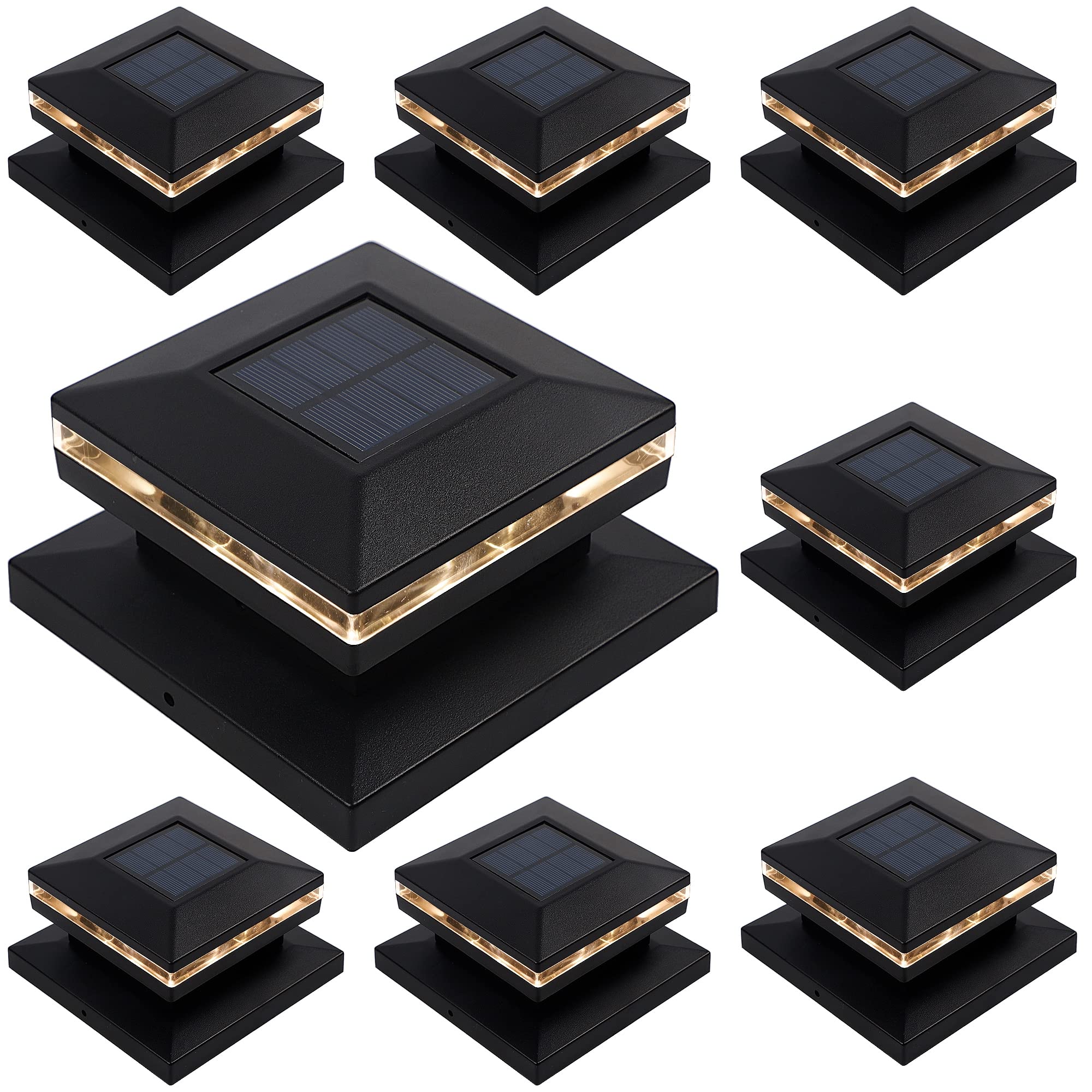 Dynaming 8 Pack Solar Post Cap Lights, Outdoor Decorative Post Solar Lights Black Shell Caps Fit 4x4 5x5 6x6 Vinyl/Wooden Posts, Brightness Warm White LED Lighting for Garden Fence Deck Patio