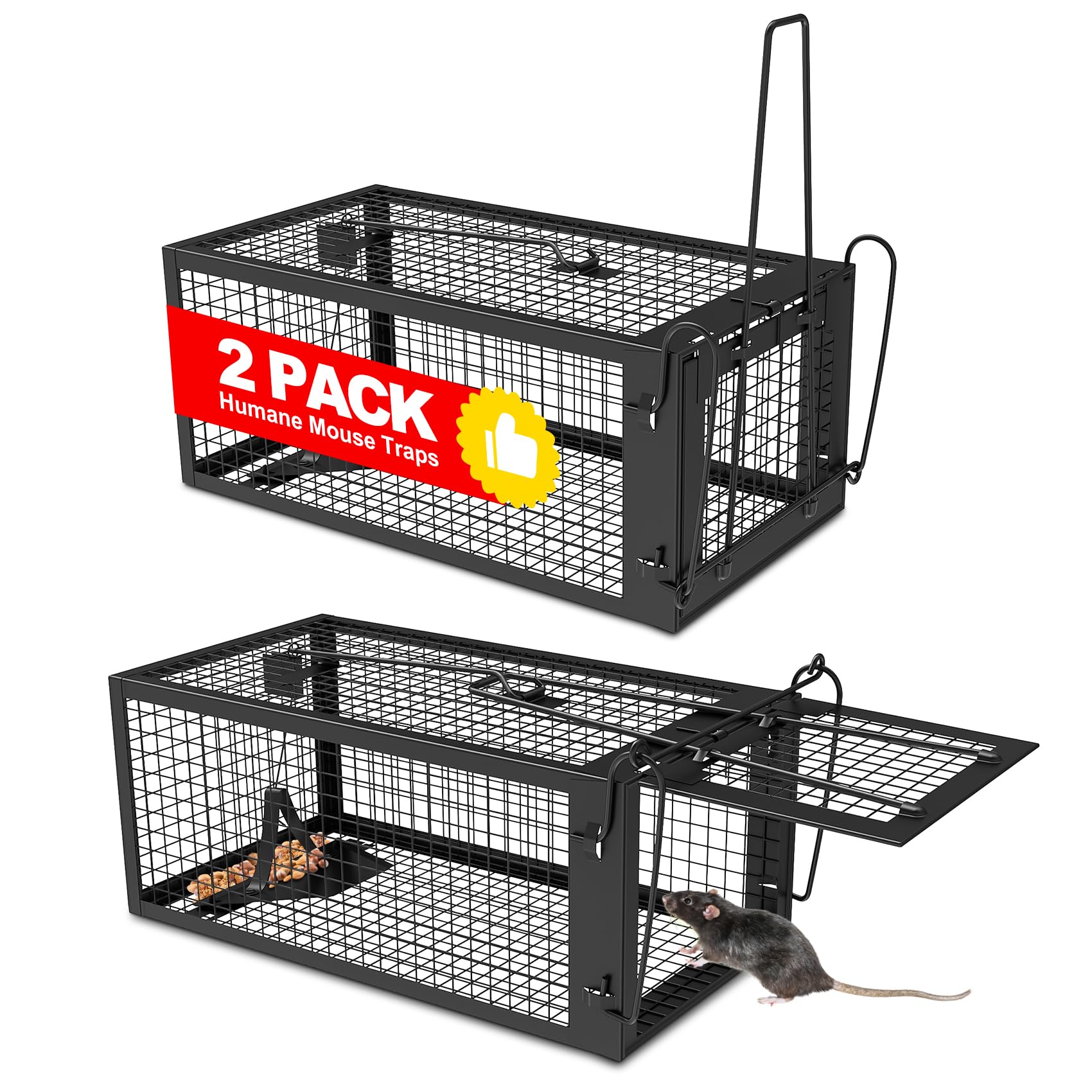 Photo 1 of 2 Packs Humane Rat Trap Outdoor Mouse Traps Indoor Use, Rodent Chipmunk Traps for Small Live Animal Catch and Release - Black