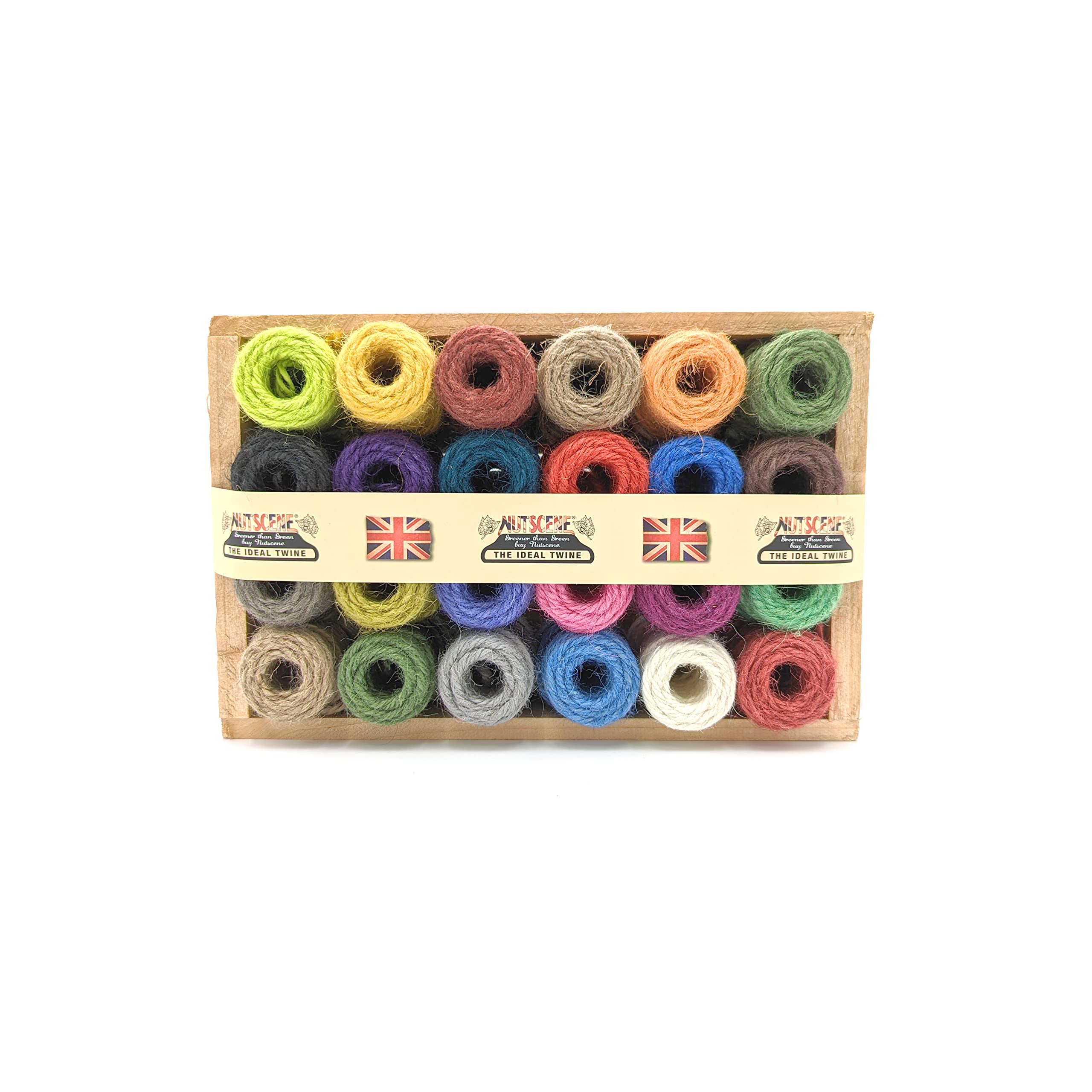 One Wooden Crate of Mini Nutscene Heritage Twine spools - 24 Mixed Colours (13m each)