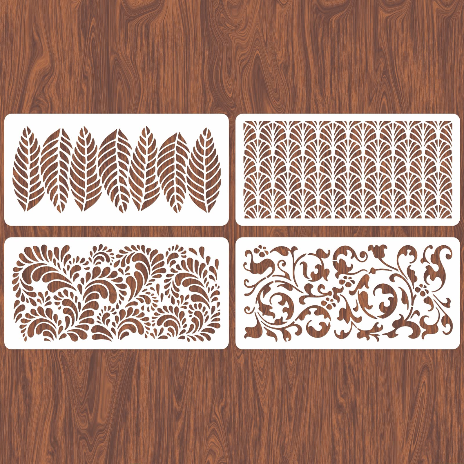 INFUNLY 4pcs Islamic Floral Wall Stencil Fern Pattern Reusable Stencil for Painting for Painting on Wood, Wall, Tile, Canvas, Paper, Fabric, Furniture and Floor Bedroom Christmas Decor