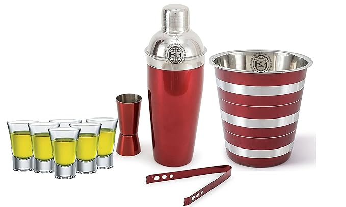 King International Stainless Steel Bar Set, Bartender Kit 10 Pieces Includes 6 Shot Glasses | Tong |Cocktail Shaker | Peg Measurer | Champagne Bucket-Complete Bar Tool Set for Home bar Accessories
