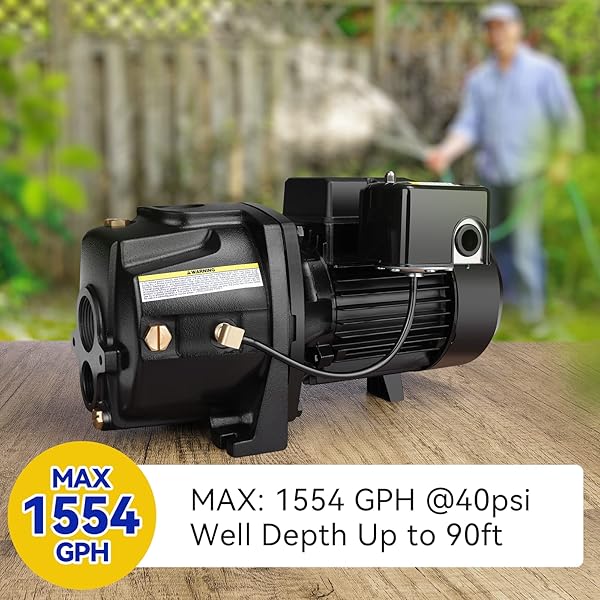 ACQUAER SHALLOW/DEEP WELL JET PUMP, CAST IRON CONVERTIBLE PUMP WITH EJECTOR KIT, WELL DEPTH UP TO 25FT OR 90FT, 115V/230V DUAL VOLTAGE, AUTOMATIC PRESSURE SWITCH,1HP