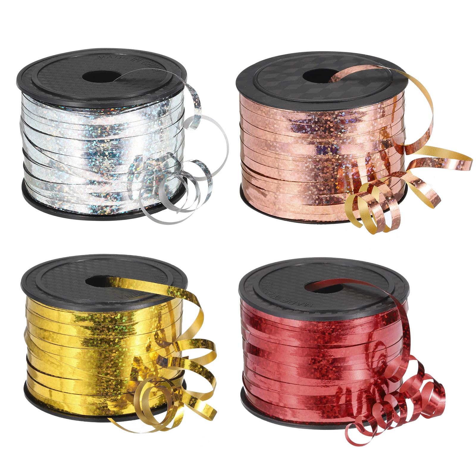 PATIKIL 4pcs 100 Yards Glitter Curling Ribbon Crimped Balloon String Metallic 5mm for Party Decoration Gift Wrapping Art Crafts, Gold/Red/Silver/Champagne