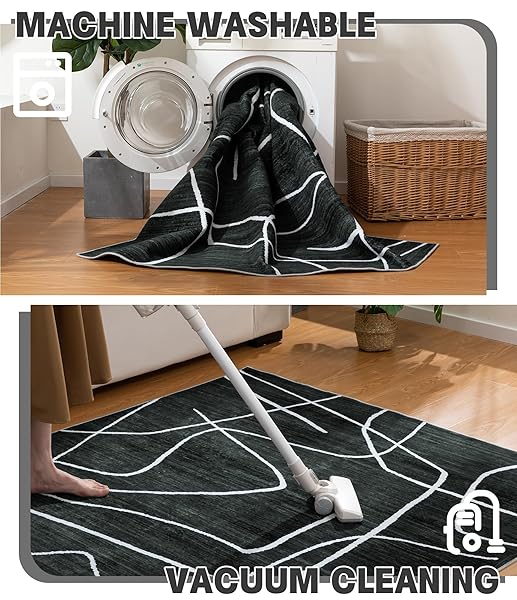 YIHOUSE WASHABLE AREA RUG 6’X9′-ABSTRACT BLACK AND WHITE RUG FOR LIVING ROOM BEDROOM, LARGE MODERN NON-SLIP ULTRA-THIN RUG HOME DECOR,BLACK ABSTRACT,6X9FT