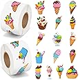 BeYumi Summer Ice Cream Stickers - 1000Pcs Ice Cream Stickers in 2 Rolls Waterproof Vinyl Sweets Themed Cute Dessert Decals for Gift Laptop Bottle Scrapbooking Luggage Computer Envelope Decor for Kids