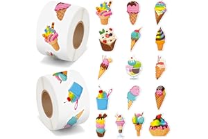 BeYumi Summer Ice Cream Stickers - 1000Pcs Ice Cream Stickers in 2 Rolls Waterproof Vinyl Sweets Themed Cute Dessert Decals for Gift Laptop Bottle Scrapbooking Luggage Computer Envelope Decor for Kids