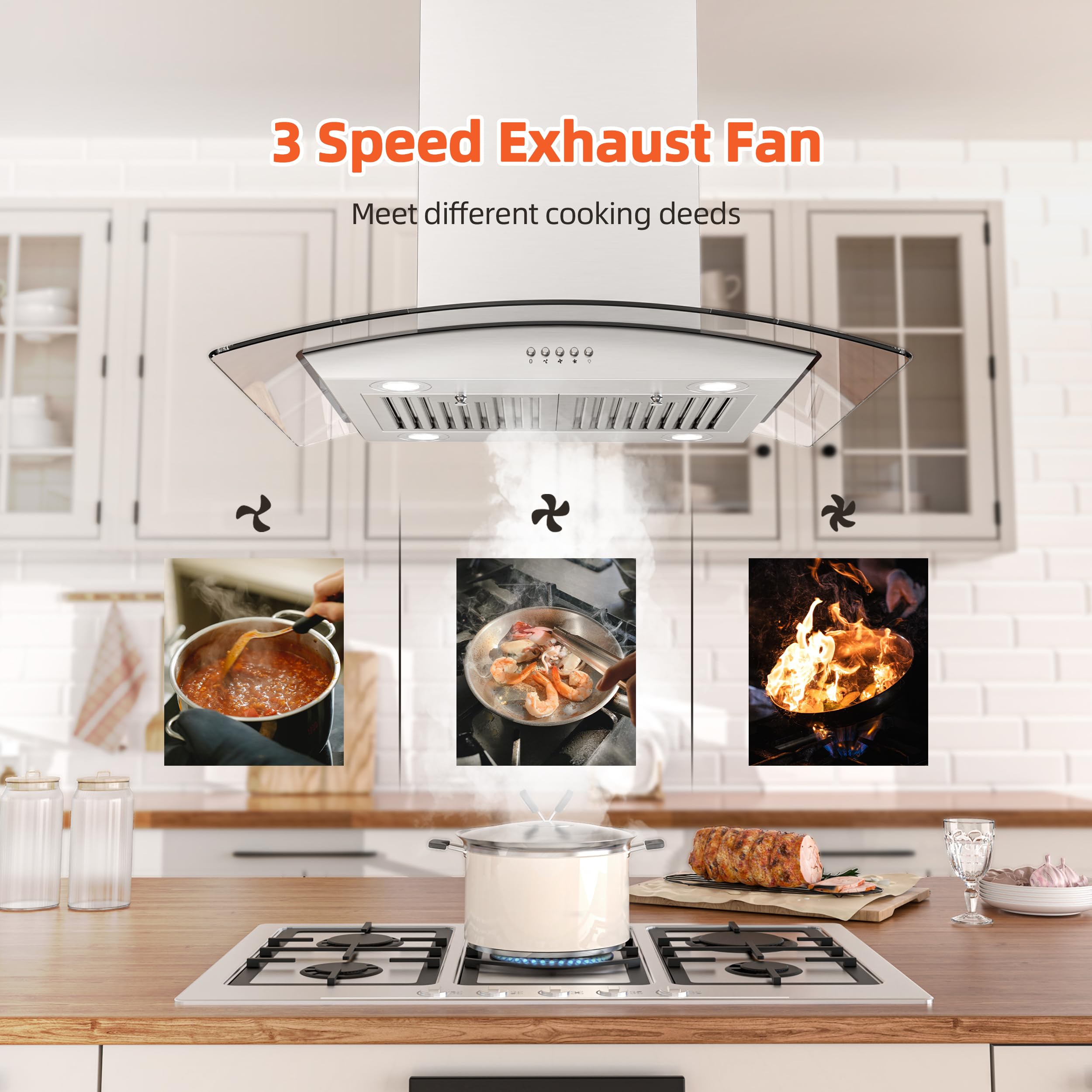 FIREGAS Island Range Hood 30 inch with 700 CFM, Ceiling Mount Kitchen Vent Hood Ducted/Ductless Convertible, Stainless steel stove hood with 3 speed fan, 4 lights, Tempered Glasss, Charcoal Filters