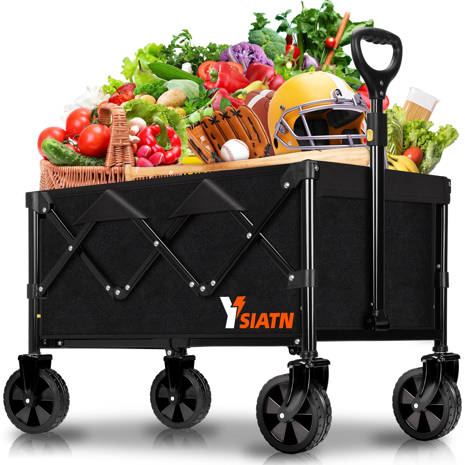 YSIATN Collapsible Wagon with All Terrain Wheels, Large Grocery Cart On Wheels, 220LBS Utility Folding Wagon for Camping Shopping Beach Sports Fishing, Black Image