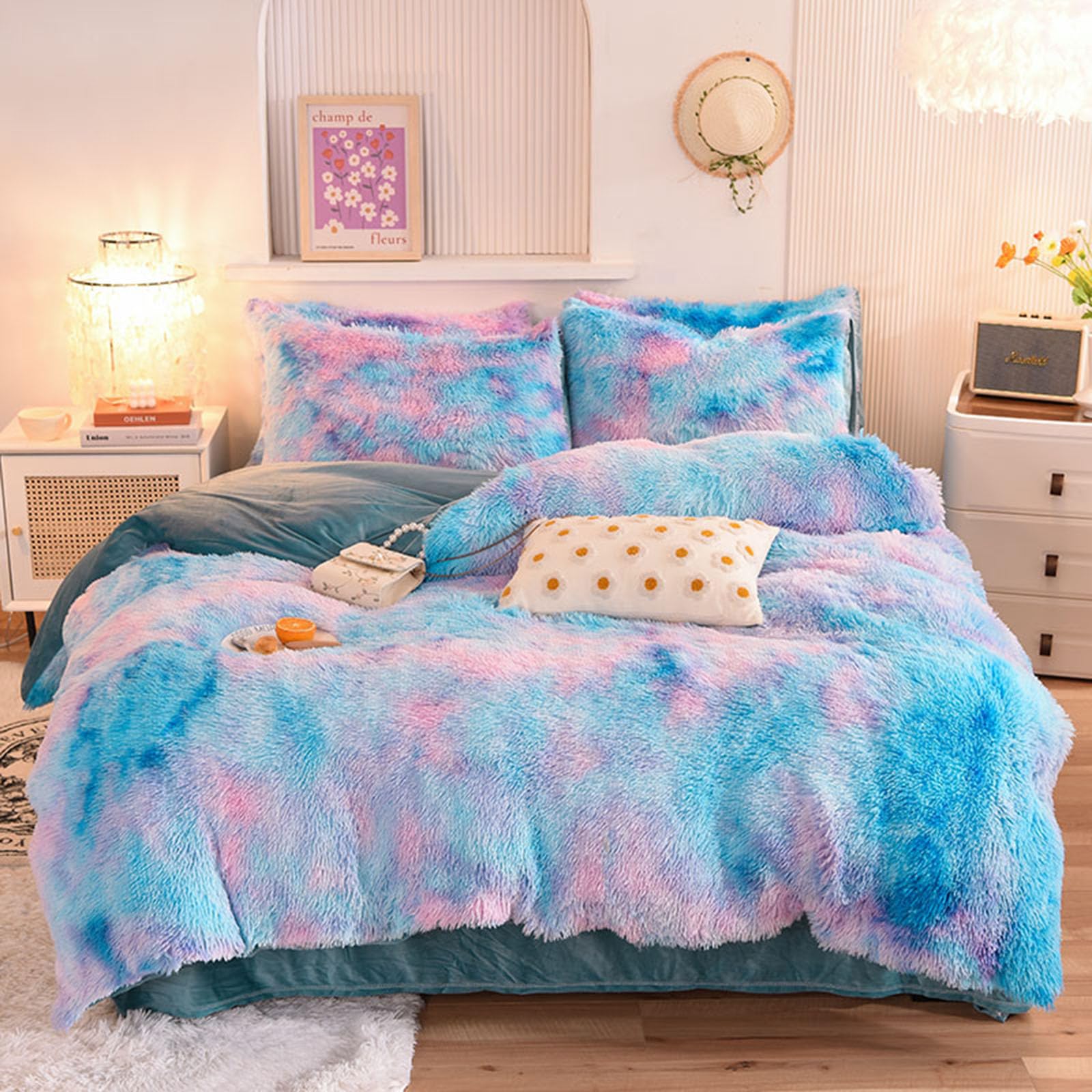 ZIQINPSQ Plush Shaggy Duvet Cover Set,Tie Dye Faux Fur Bedding Set for Teens Girls Soft Velvet Fluffy Fuzzy Comforter Cover Bed Set (Blue, Double) — image 1
