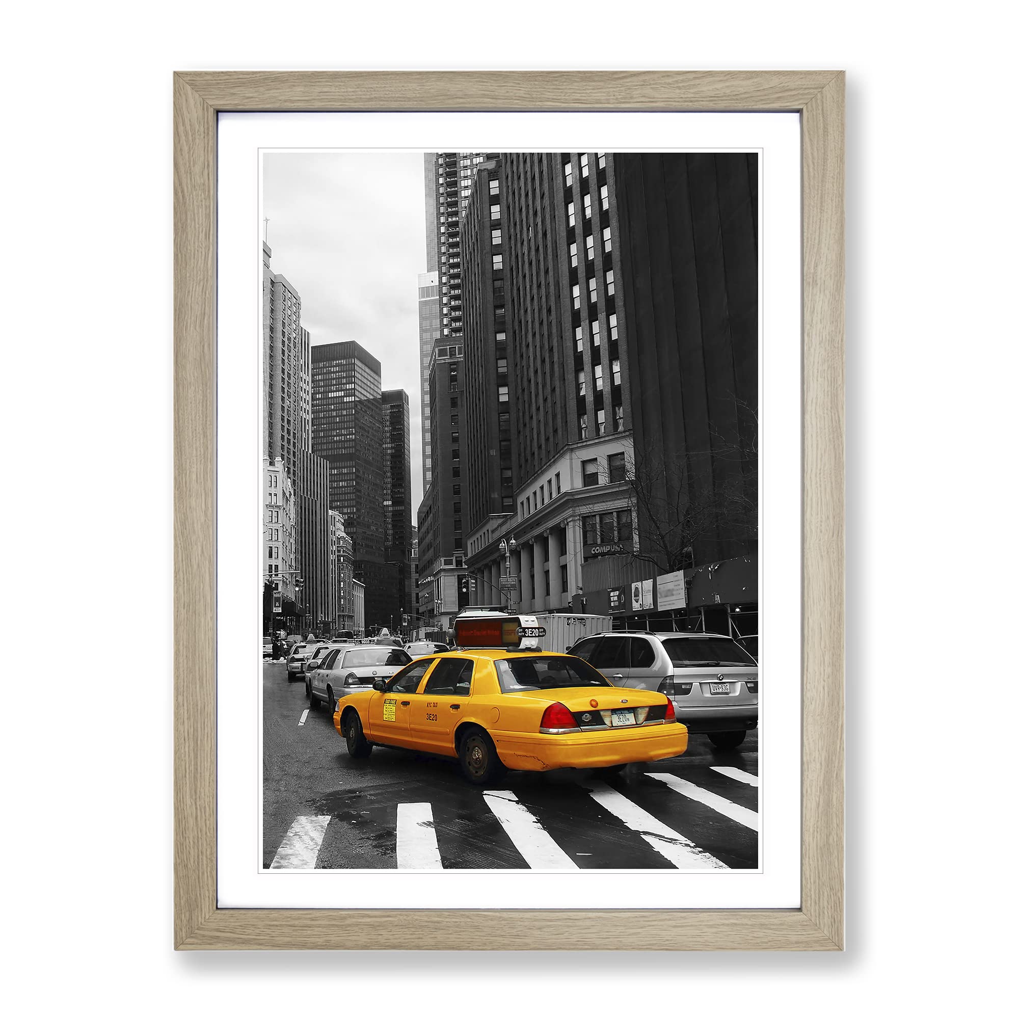 Yellow Taxi Cab New York City Modern Framed Wall Art Print, Ready to Hang Picture for Living Room Bedroom Home Office Décor, Oak A4 (34 x 25 cm)