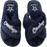 FOCO Womens NFL Team Script Wordmark Fuzzy Cross Slide Slippers