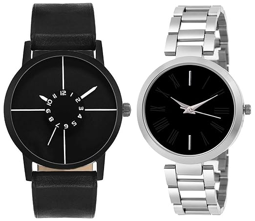 Nubela Black and Silver Colour Men and Women Couple Analog Watches