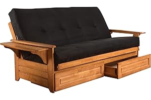 CORDOVA FUTONS Lakeshore Complete Futon - Drawers, Frame and Mattress Set - Arm Tray 8" Innerspring Full Size Sofa Under Bed Storage Lounger (Black, Full)