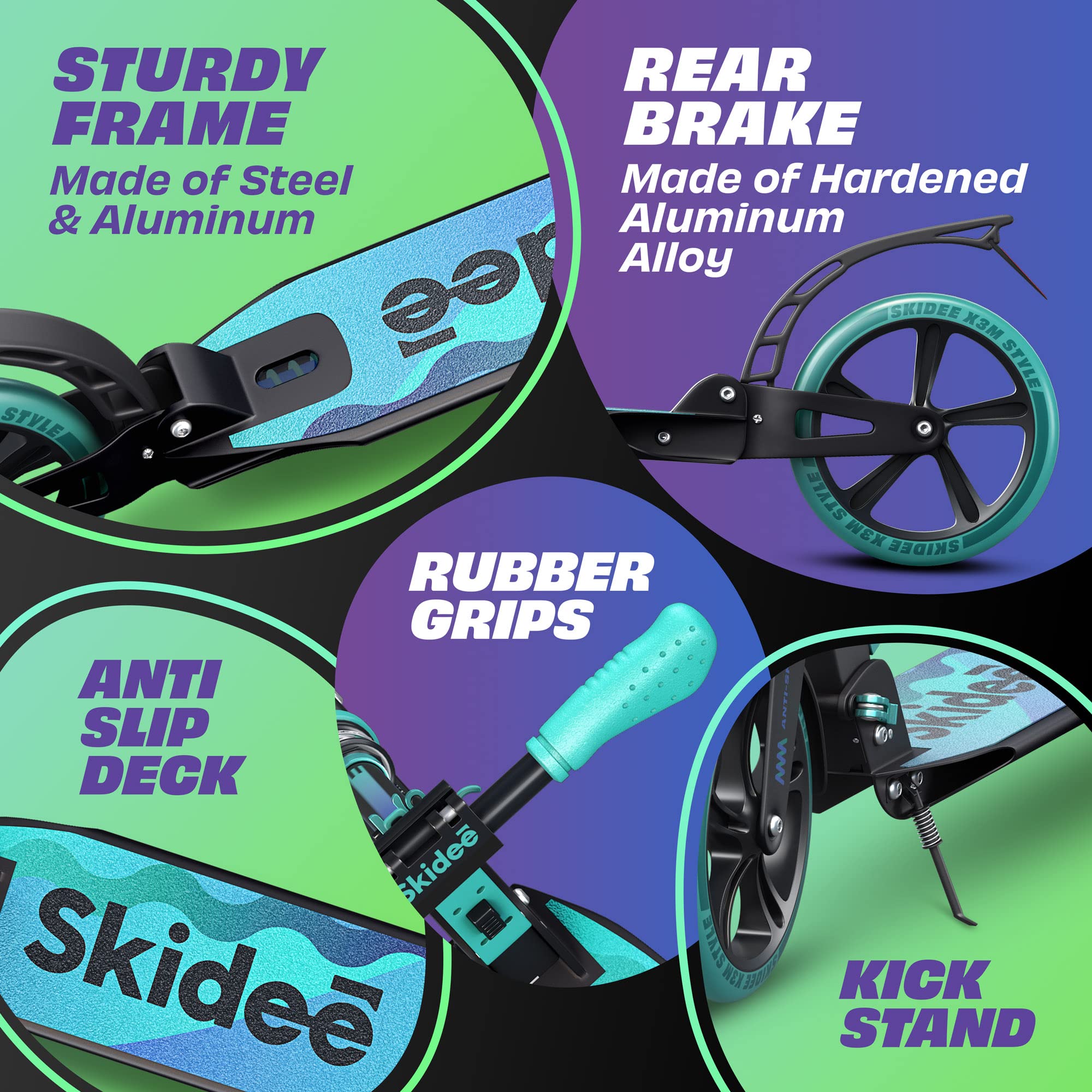 Skidee Adult & Teen Scooter Adjustable Height, Folding, Large Wheels, Lightweight, Durable, Anti-Shock Suspension, Up to 220 lbs
