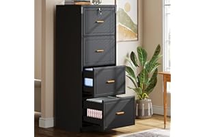 Tribesigns 4-Drawer File Cabinet with Lock, Locked File Cabinet with Key, Tall Wooden Filing Cabinets for Home Office, Vertical Office Storage for Legal Size/Letter/A4/Files, Black
