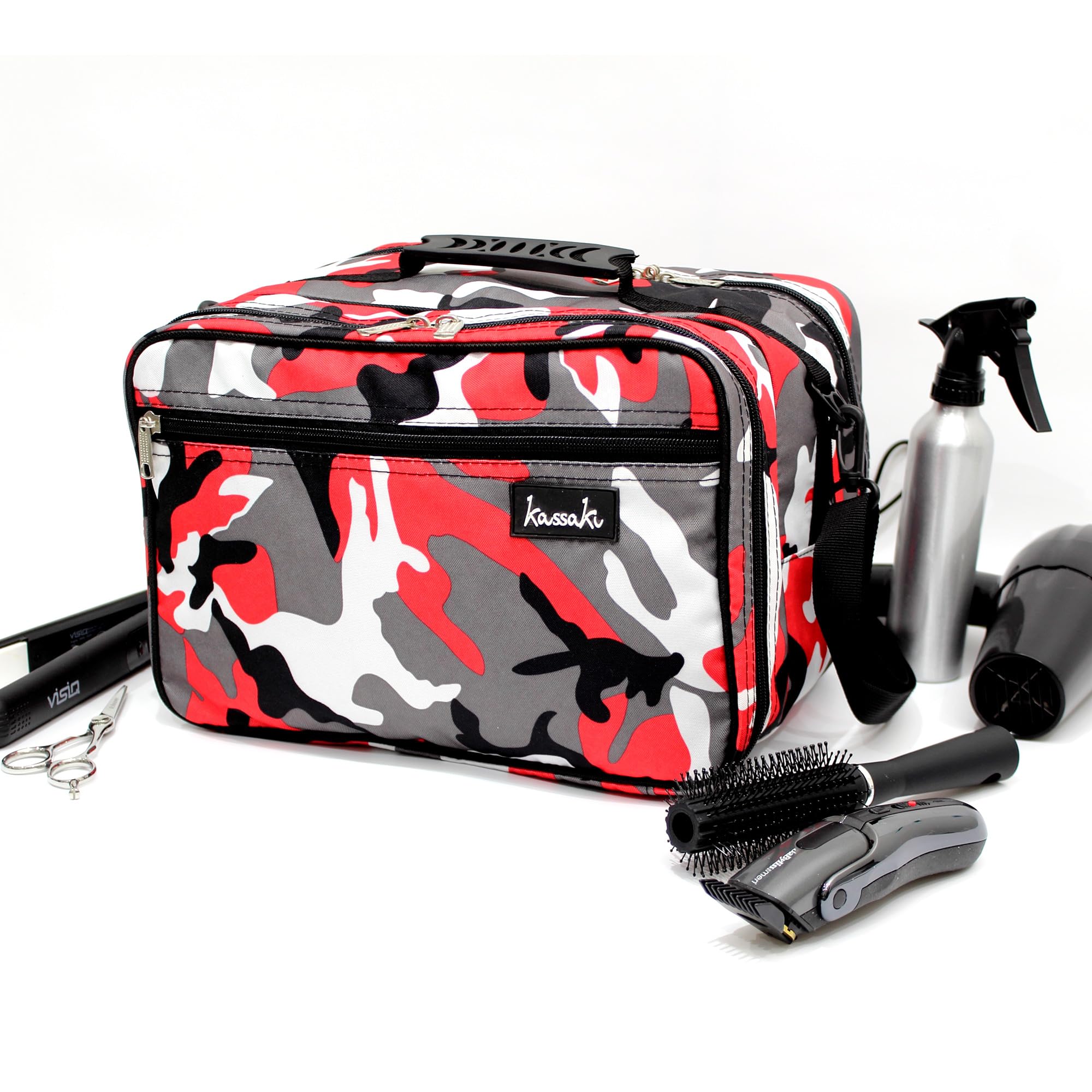 Kassaki Pro Hairdressing Bag Barber Tool Carry Bag-Hair Equipment Salon Storage Travel Bag- Professional Barber Organiser Case with Shoulder Strap – Red Camo