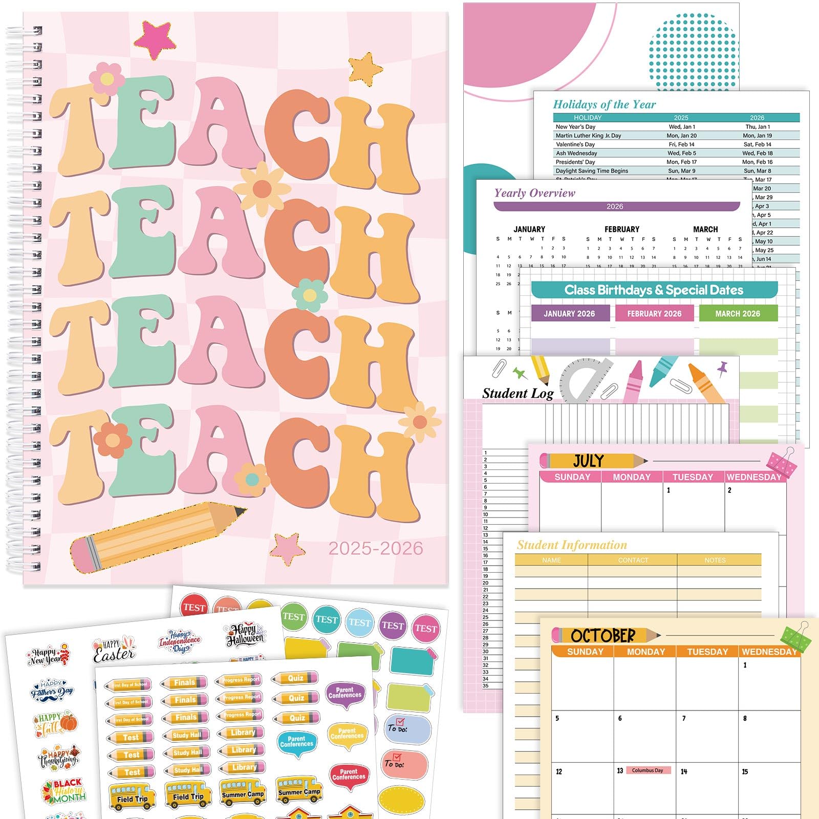 Photo 1 of Sinload Teacher Planner 2025-2026 July 2025-June 2026, 11 x 8 inch Teacher Lesson Planner with Stickers Colorful Monthly Tabs Lesson Plan Book for Teachers Home school Classroom Organizer(Retro)