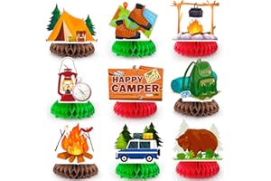 Happy Camper Honeycomb Centerpieces, 9 Pcs Camping Party Honeycomb Centerpieces Camper Table Centerpieces for Camping Party D