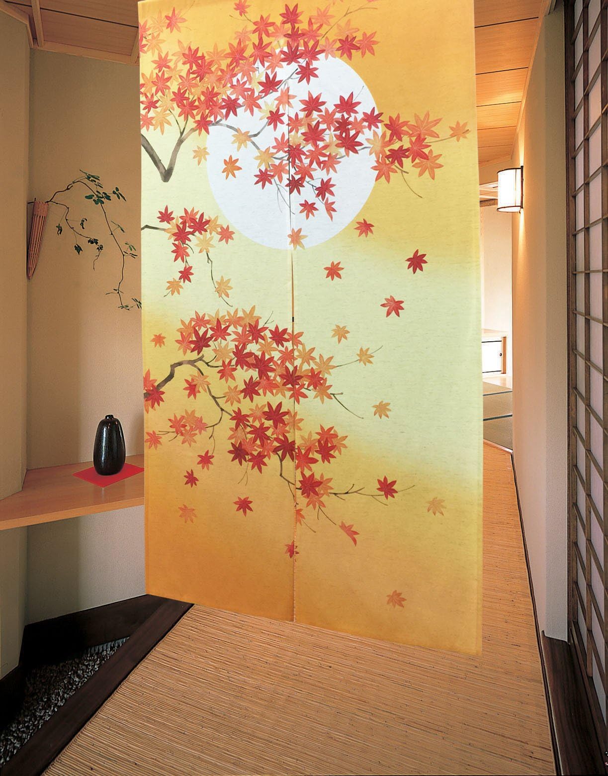 LifEast Japanese Tapestry Door Curtain Red Maple Top of Tree on The Month Noren Curtains Doorway Decor (A)
