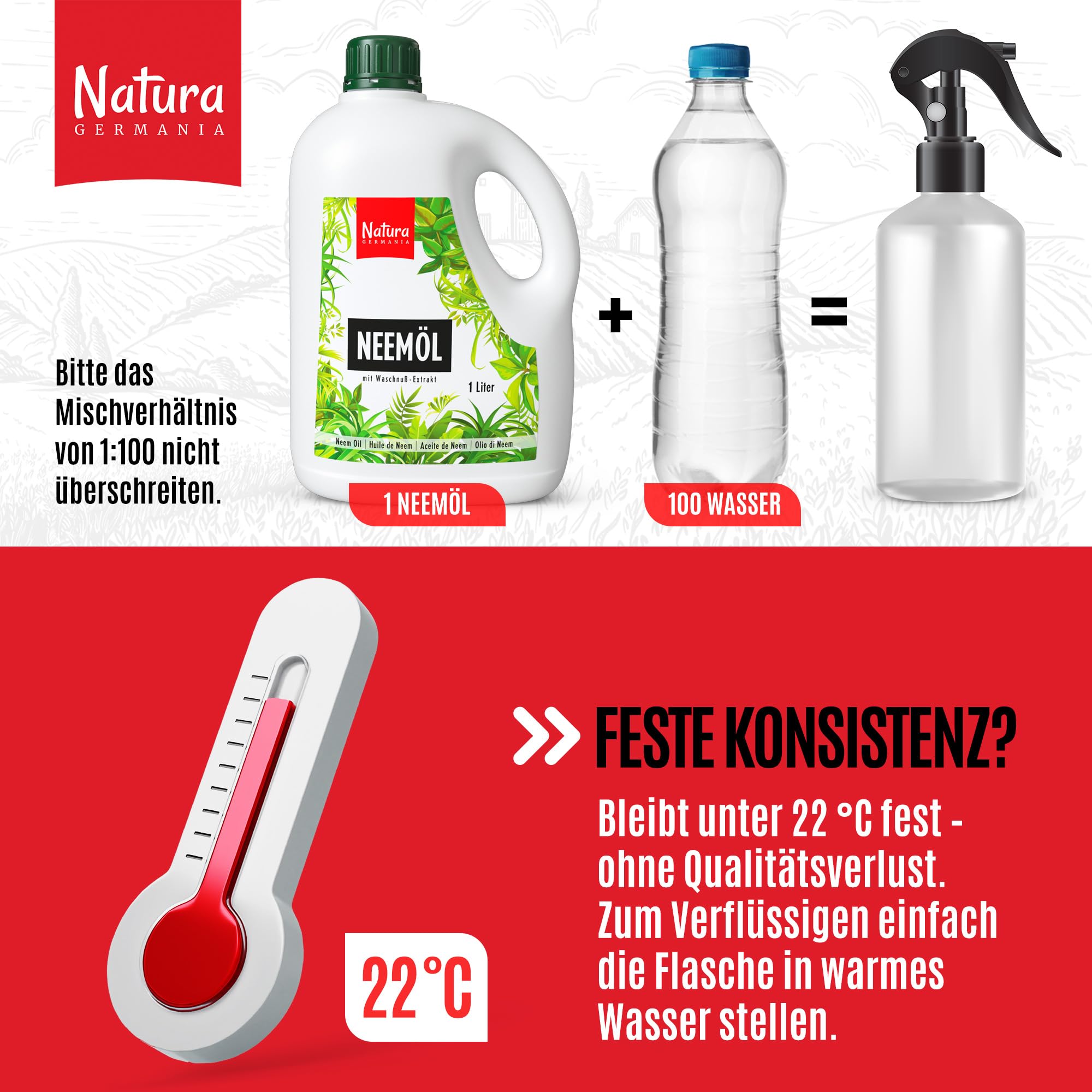 Natura Germania® Neemöl 500ml mit Waschnußextrakt mit Sprühflasche und Messbecher - Ergibt 50 Liter sprühfertige Lösung - Neem Spray zur natürlichen Pflanzenpflege für Zimmerpflanzen/Gartenpflanzen 8