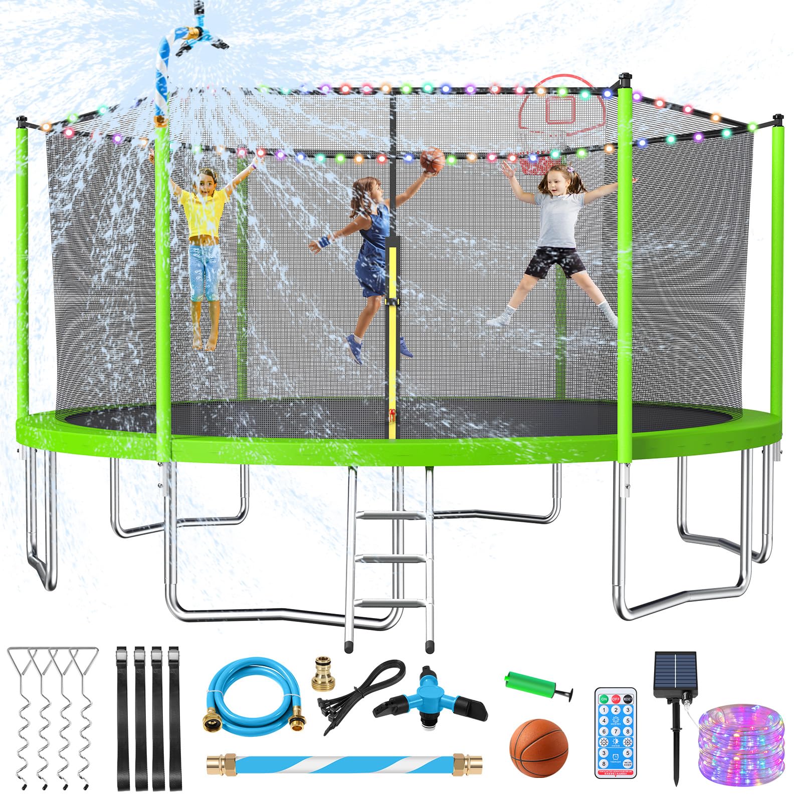 Photo 1 of ***BOX 2 OF 2 ONLY/INCOMPLETE SET**Lyromix Upgraded 14FT Trampoline with Lights, Large Outdoor Trampoline with Sprinkler,Basketball Hoop and Net, Capacity for 5-8 Kids and Adults, Ice Green