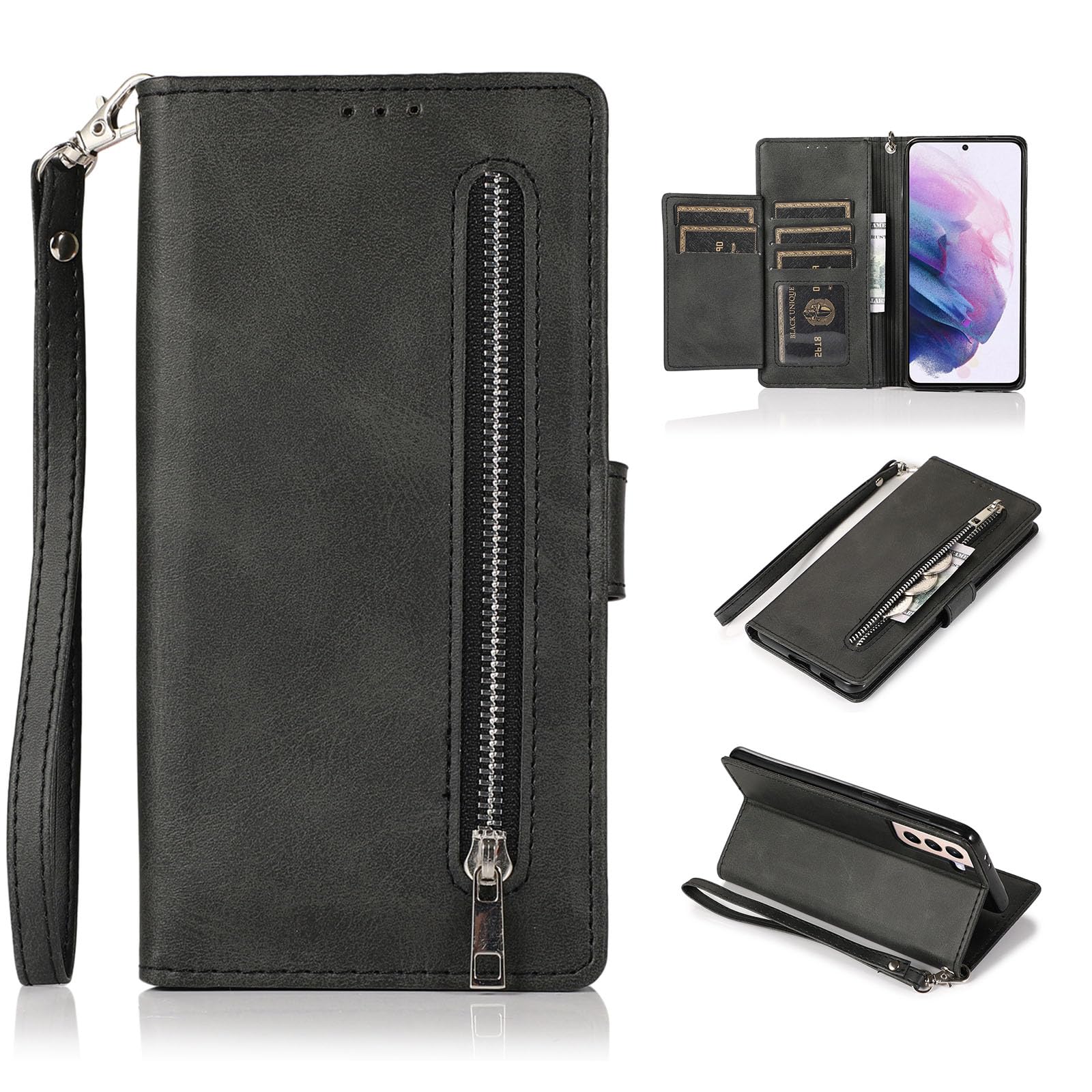 EYZUTAK Wallet Case for Samsung Galaxy S21 5G, 5 Card Slots Magnetic Closure Zipper Pocket Handbag PU Leather Flip Case with Wrist Strap TPU Kickstand Cover for Samsung S21 5G - Black