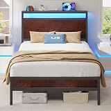 Fluest Twin Bed Frame with Headboard & Footboard, Twin Bed Frame with Charging Station & LED Light, Under-Bed-Storage, No Box Spring Needed, Noise Free, Easy Assembly, Coffee Brown