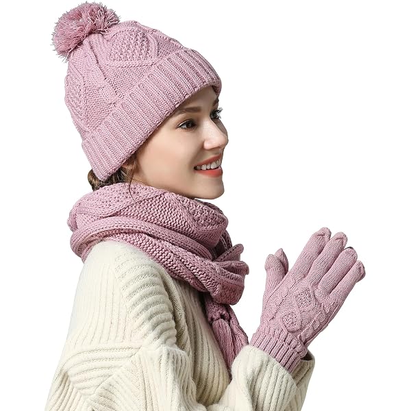 Ensemble Hiver Femme 3 Pièces – Bonnet, Écharpe, Gants Tactile Beige (Taille Unique)