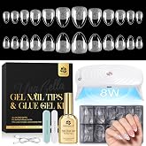 UNA GELLA Extra Short Almond Nail Tips Kit, 120Pcs Nail Tips With Gel Glue | Non-rechargeable Mini LED Nail Lamp for Nails Ex